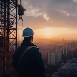 construction worker standing sunset city builder safety helmet roof generative ai