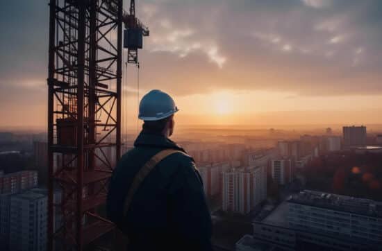 construction worker standing sunset city builder safety helmet roof generative ai