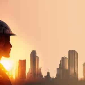 Silhouet van een bouwvakker met een helm, kijkend naar een stadsgezicht tijdens zonsondergang, symboliseert de noodzaak van brandveiligheid in de bouwsector.