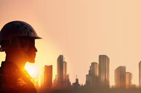 Silhouette of a construction worker wearing a helmet against a sunset skyline, symbolizing fire safety in construction.