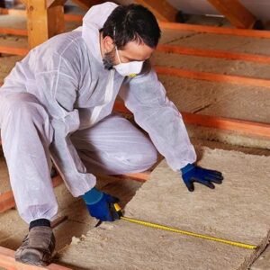 Man in protective clothing measuring insulation material in a construction setting, emphasizing safety and compliance in building practices.