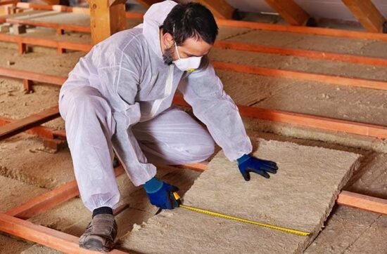 Man in protective suit measuring insulation material in a construction setting, emphasizing fire safety and prevention measures.